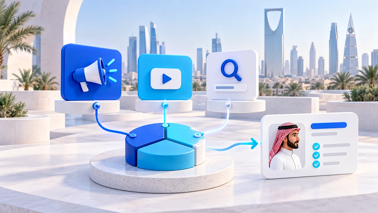 رسم توضيحي لتوزيع ميزانية بين قنوات إعلانية ومتابعة العملاء أمام معالم الرياض